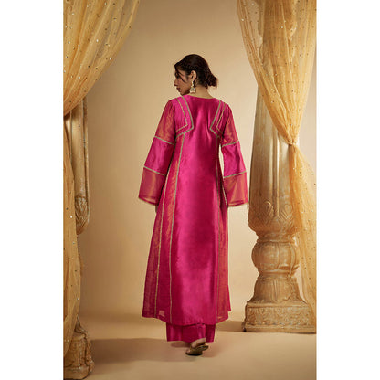 THE AARYA Pink Chanderi Lace Embroidered Anarkali Kurta with Palazzo & Dupatta (Set of 3)