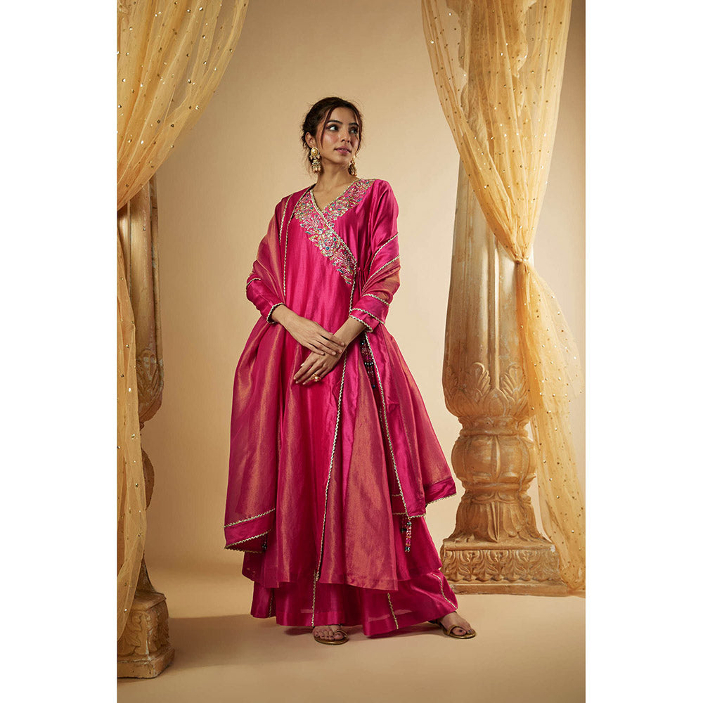 THE AARYA Pink Chanderi Zardozi Embroidered Angarkha Kurta with Palazzo & Dupatta (Set of 3)