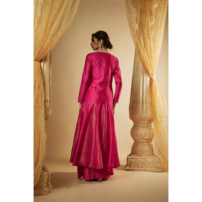 THE AARYA Pink Chanderi Zardozi Embroidered Angarkha Kurta with Palazzo & Dupatta (Set of 3)
