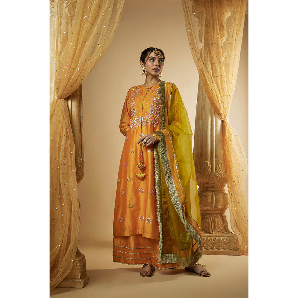 THE AARYA Light Orange Chanderi Zardozi Embroidered Kurta with Palazzo & Dupatta (Set of 3)