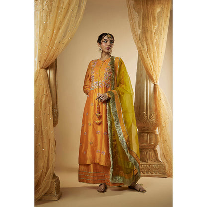 THE AARYA Light Orange Chanderi Zardozi Embroidered Kurta with Palazzo & Dupatta (Set of 3)