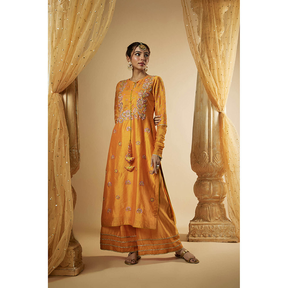 THE AARYA Light Orange Chanderi Zardozi Embroidered Kurta with Palazzo & Dupatta (Set of 3)