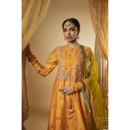 THE AARYA Light Orange Chanderi Zardozi Embroidered Kurta with Palazzo & Dupatta (Set of 3)