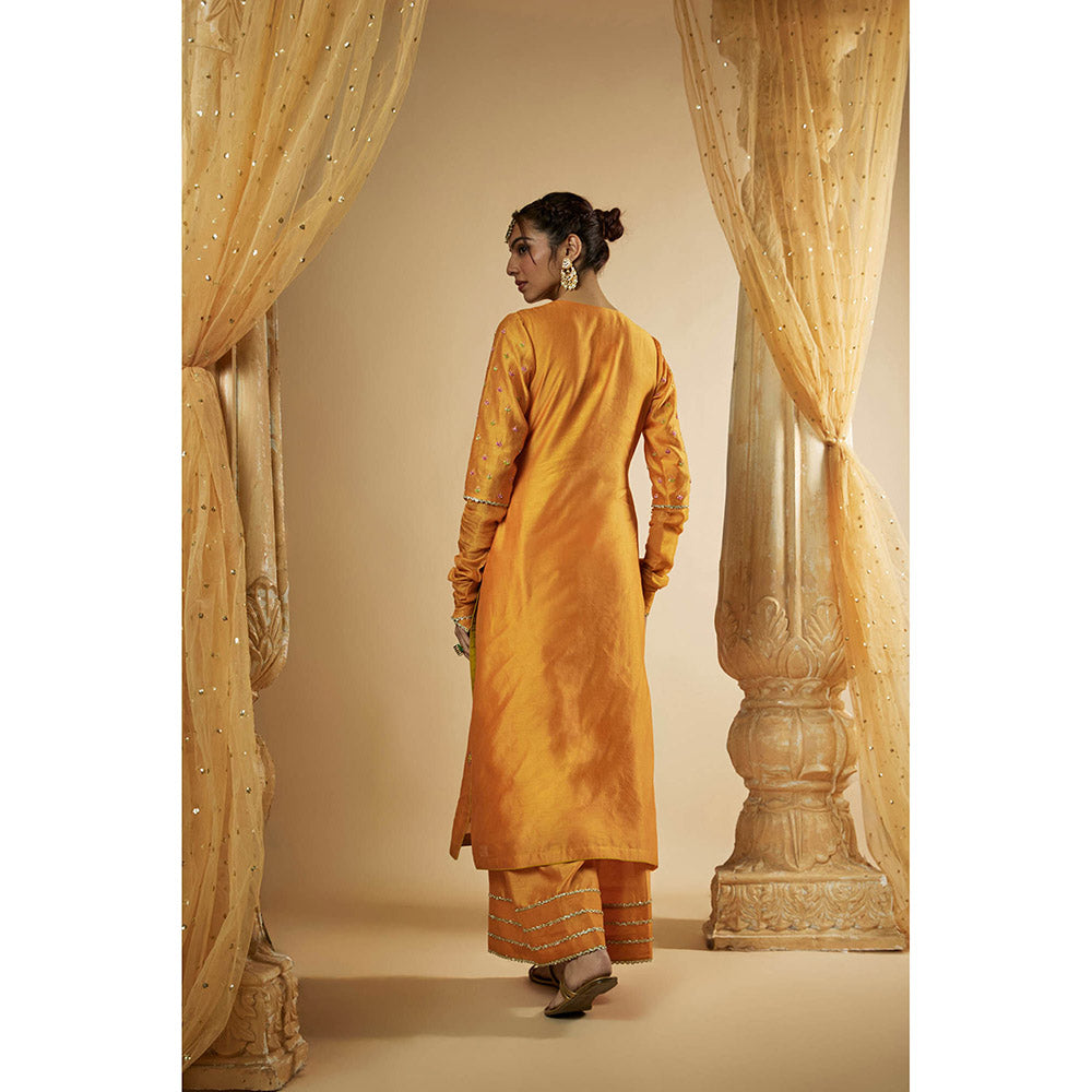 THE AARYA Light Orange Chanderi Zardozi Embroidered Kurta with Palazzo & Dupatta (Set of 3)