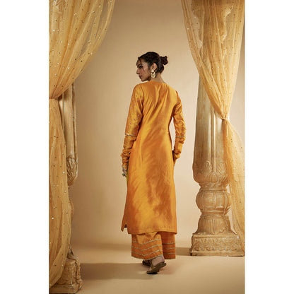 THE AARYA Light Orange Chanderi Zardozi Embroidered Kurta with Palazzo & Dupatta (Set of 3)