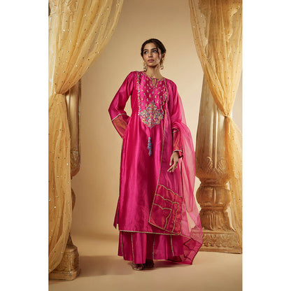 THE AARYA Pink Chanderi Zardozi Embroidered Kurta with Palazzo and Dupatta (Set of 3)