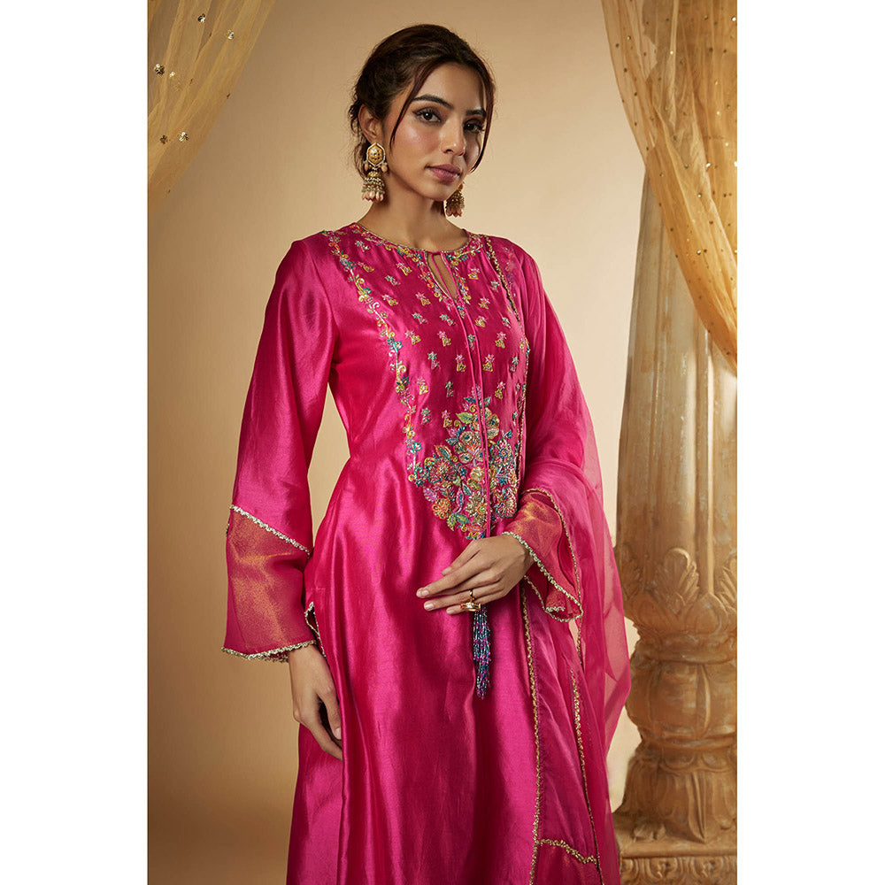 THE AARYA Pink Chanderi Zardozi Embroidered Kurta with Palazzo and Dupatta (Set of 3)