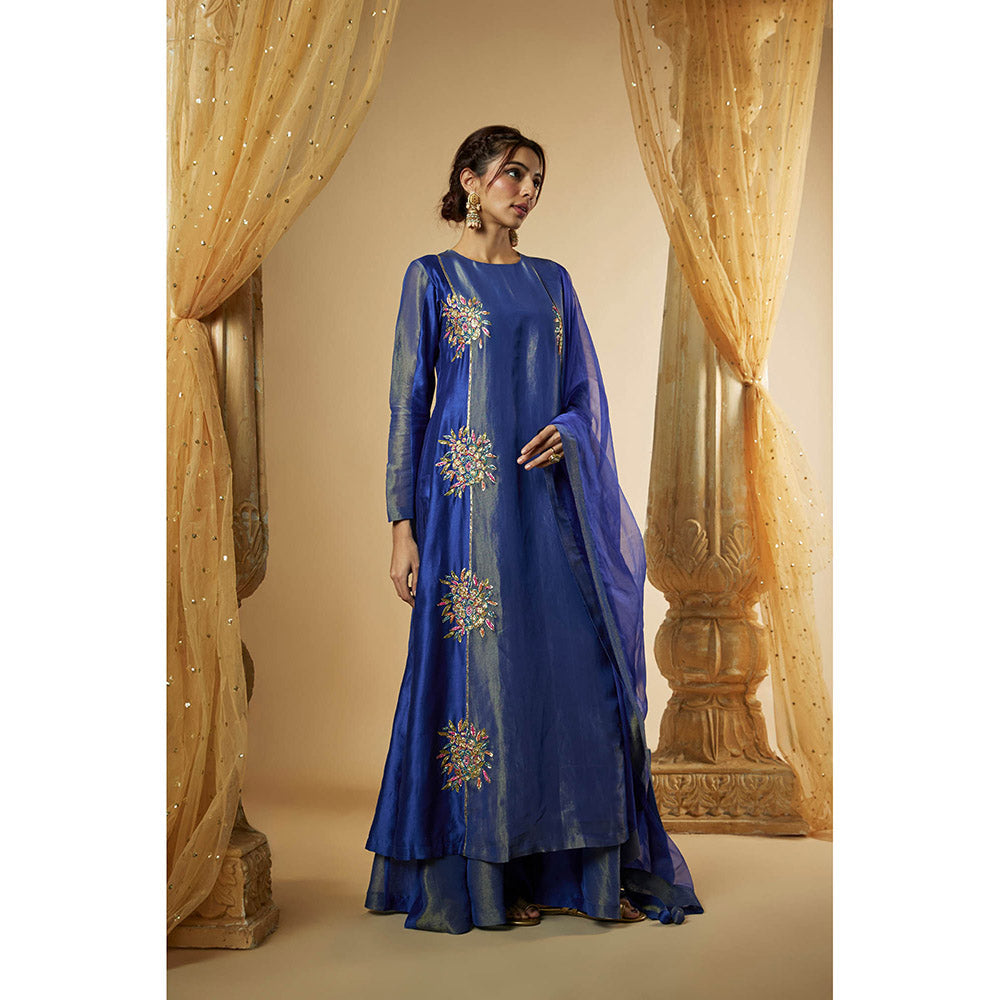 THE AARYA Ink Blue Chanderi Zardozi Embroidered Kurta with Palazzo and Dupatta (Set of 3)