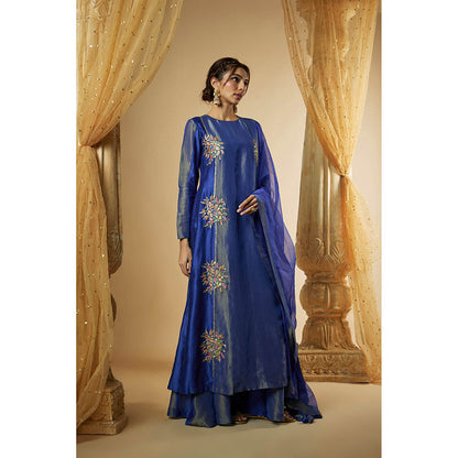 THE AARYA Ink Blue Chanderi Zardozi Embroidered Kurta with Palazzo and Dupatta (Set of 3)