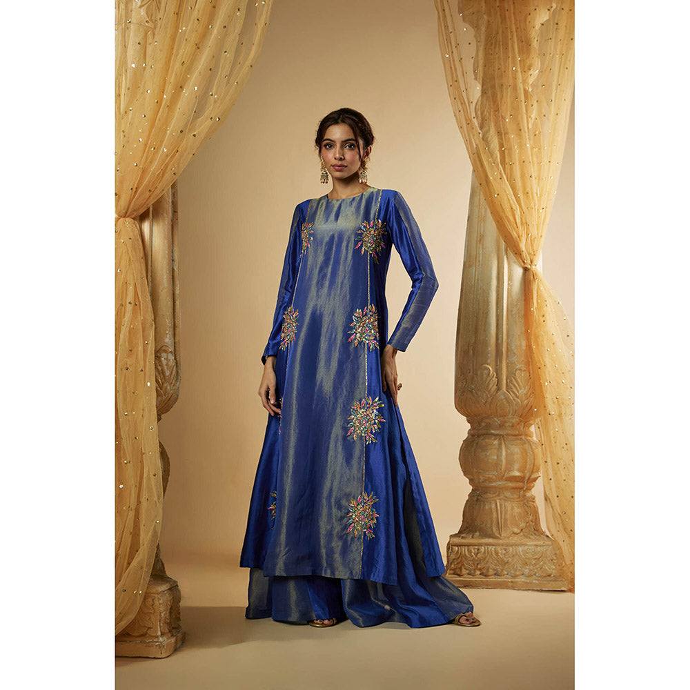 THE AARYA Ink Blue Chanderi Zardozi Embroidered Kurta with Palazzo and Dupatta (Set of 3)