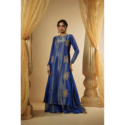 THE AARYA Ink Blue Chanderi Zardozi Embroidered Kurta with Palazzo and Dupatta (Set of 3)
