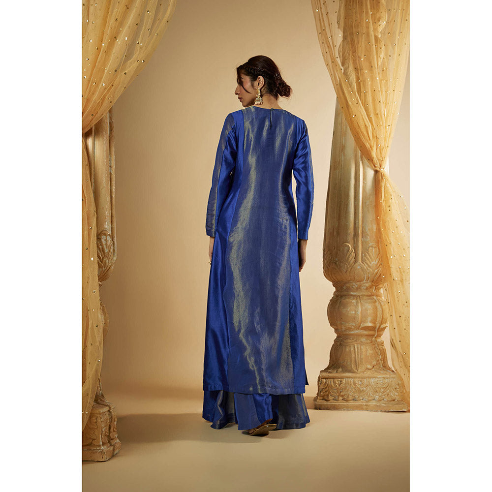 THE AARYA Ink Blue Chanderi Zardozi Embroidered Kurta with Palazzo and Dupatta (Set of 3)