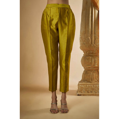 THE AARYA Olive Green Chanderi Lace Work Embroidered Kurta with Pant and Dupatta (Set of 3)