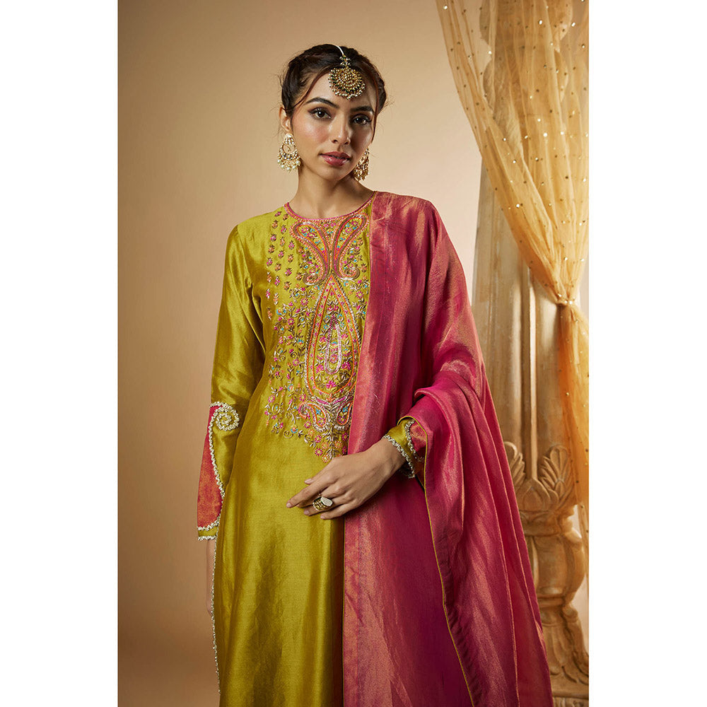 THE AARYA Olive Green Chanderi Zardozi Embroidered Kurta with Sharara & Dupatta (Set of 3)