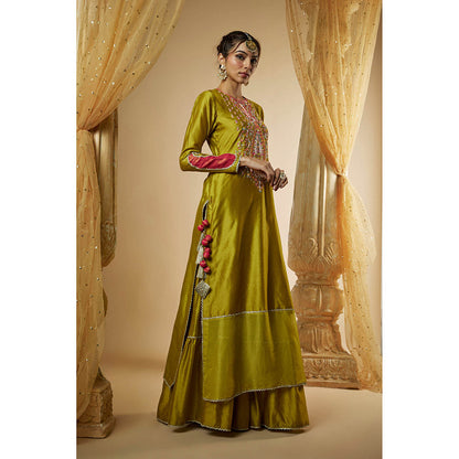 THE AARYA Olive Green Chanderi Zardozi Embroidered Kurta with Sharara & Dupatta (Set of 3)