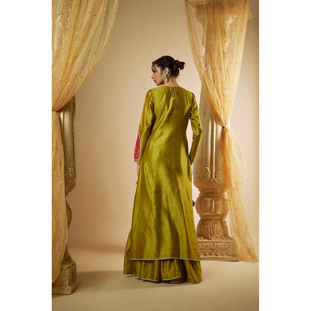 THE AARYA Olive Green Chanderi Zardozi Embroidered Kurta with Sharara & Dupatta (Set of 3)