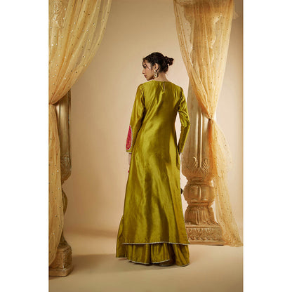 THE AARYA Olive Green Chanderi Zardozi Embroidered Kurta with Sharara & Dupatta (Set of 3)