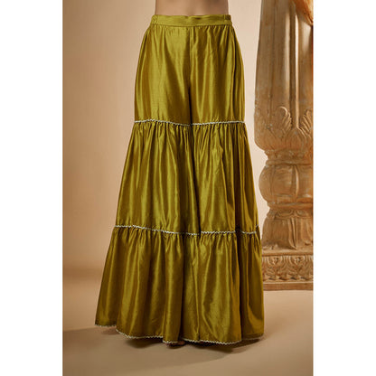 THE AARYA Olive Green Chanderi Zardozi Embroidered Kurta with Sharara & Dupatta (Set of 3)