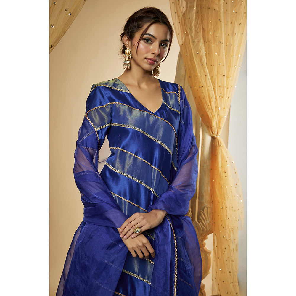 THE AARYA Ink Blue Chanderi Lace Work Colorblock Kurta with Sharara and Dupatta (Set of 3)