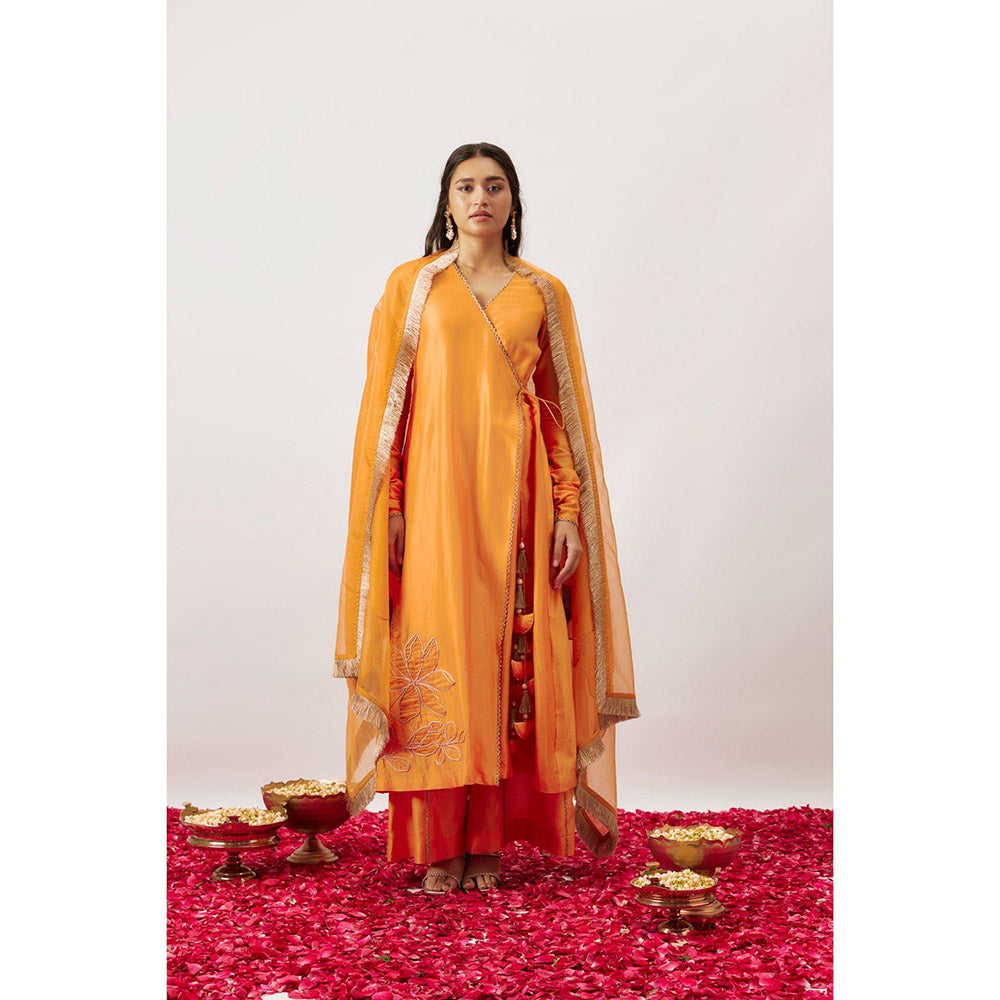 THE AARYA Orange Handwoven Angarkha with Palazzo and Dupatta (Set of 3)