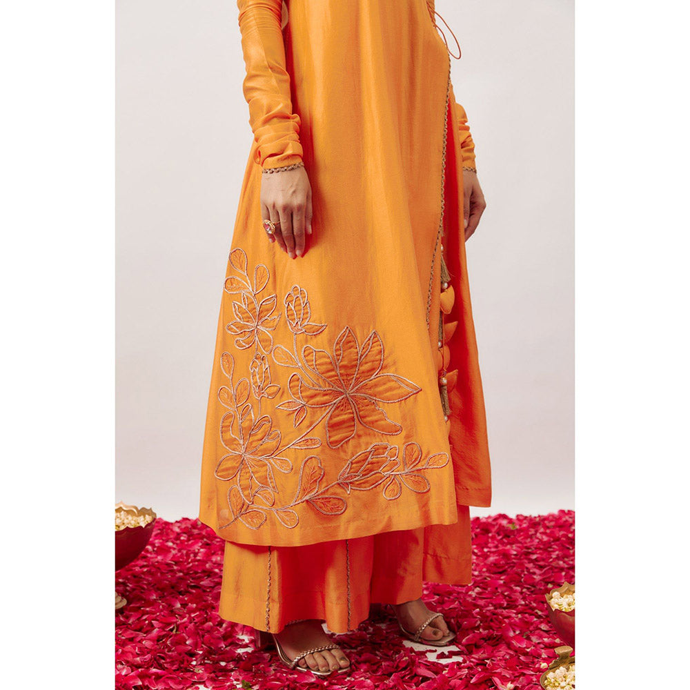 THE AARYA Orange Handwoven Angarkha with Palazzo and Dupatta (Set of 3)