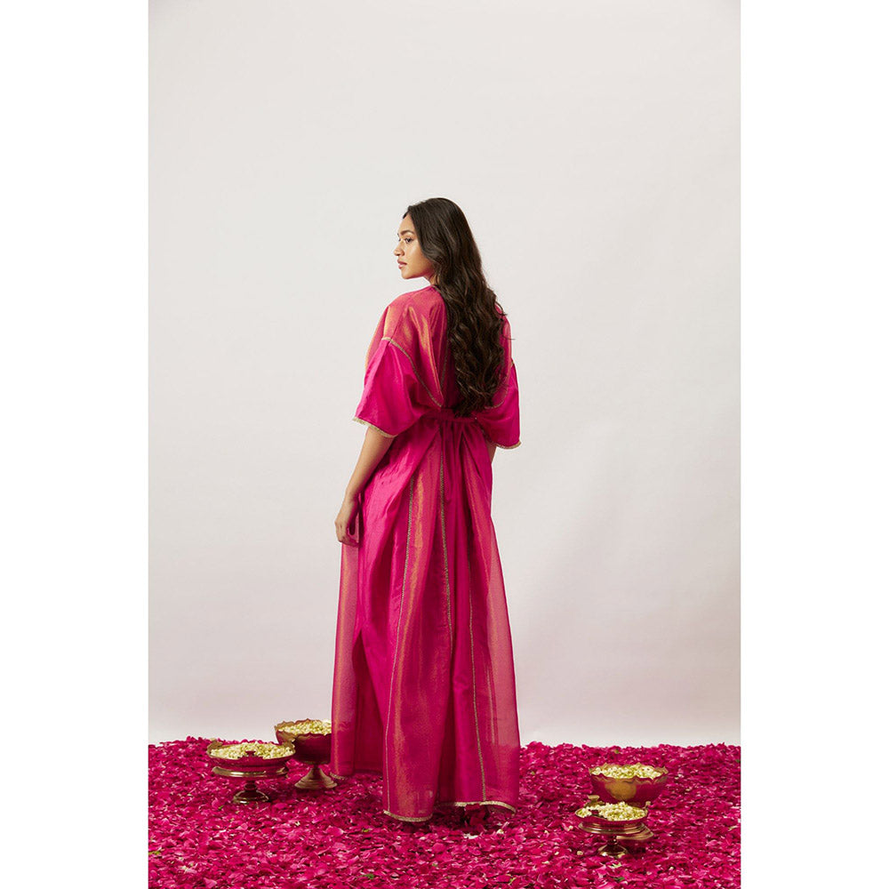 THE AARYA Pink Handwoven Chanderi Kaftan with Belt (Set of 2)