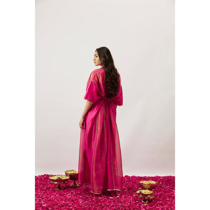 THE AARYA Pink Handwoven Chanderi Kaftan with Belt (Set of 2)