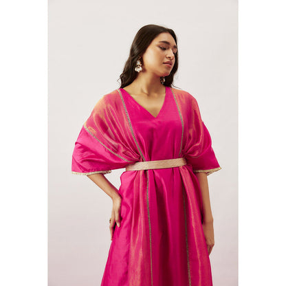 THE AARYA Pink Handwoven Chanderi Kaftan with Belt (Set of 2)