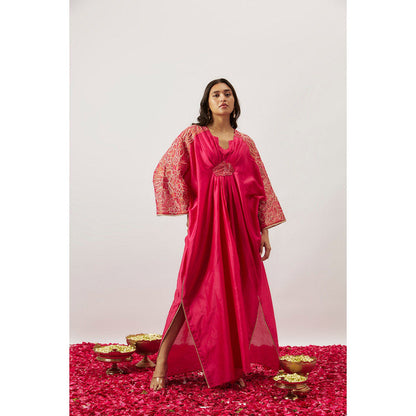 THE AARYA Pink Handwoven Chanderi Pleated Kaftan with Slip (Set of 2)