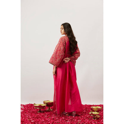 THE AARYA Pink Handwoven Chanderi Pleated Kaftan with Slip (Set of 2)