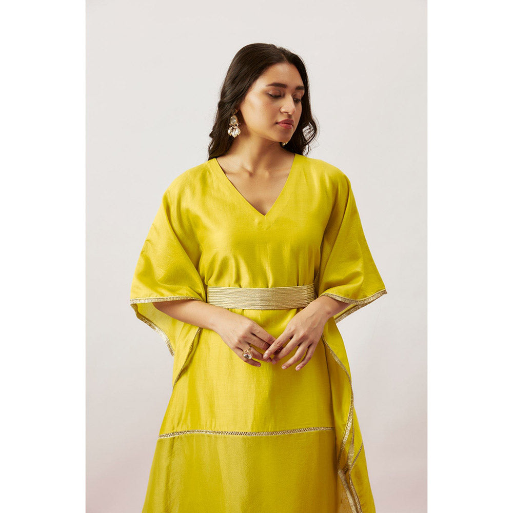 THE AARYA Yellow Handwoven Chanderi Kaftan with Belt (Set of 2)
