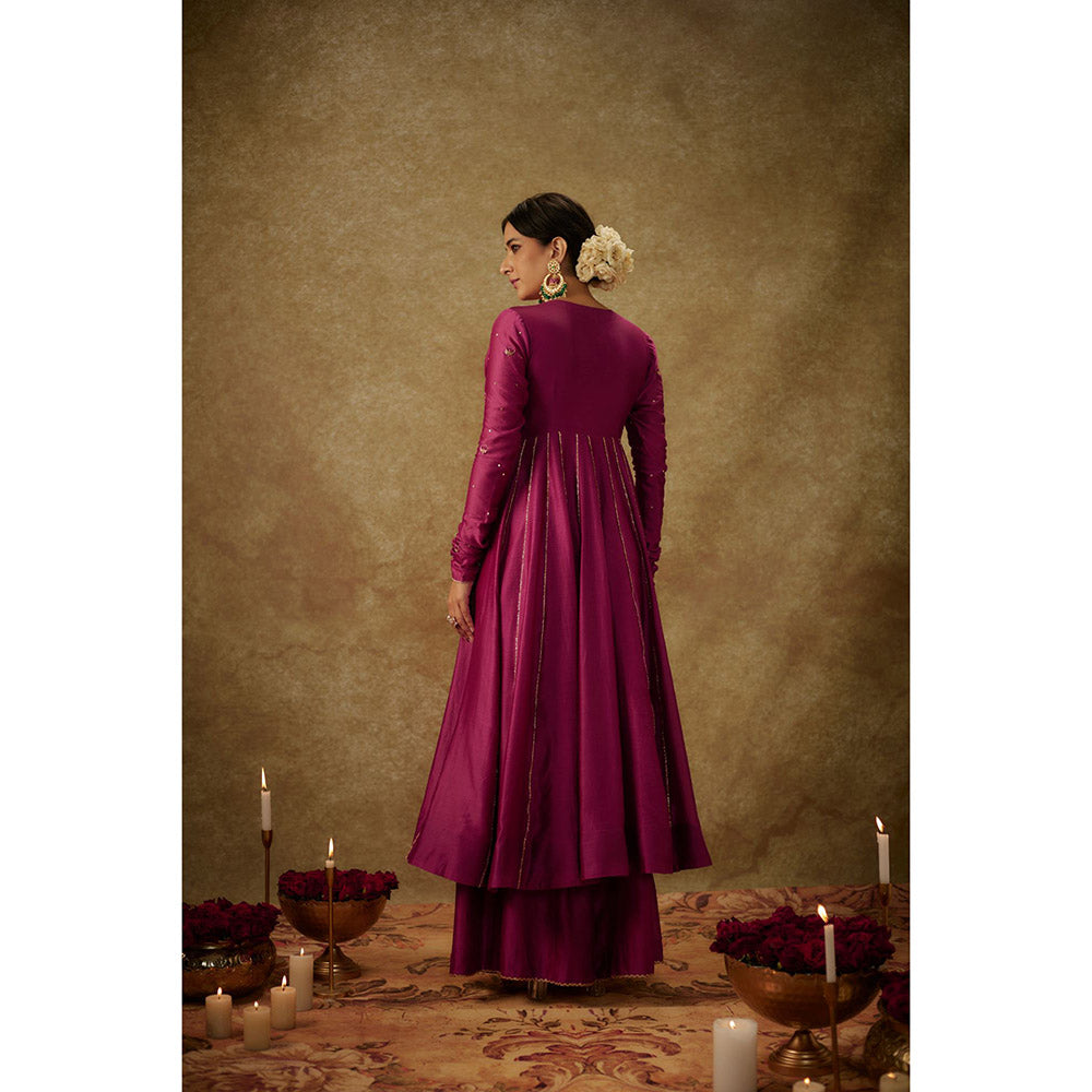 THE AARYA Gul Magenta Embroidered Anarkali Kurta with Palazzo and Dupatta (Set of 3)