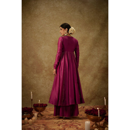 THE AARYA Gul Magenta Embroidered Anarkali Kurta with Palazzo and Dupatta (Set of 3)