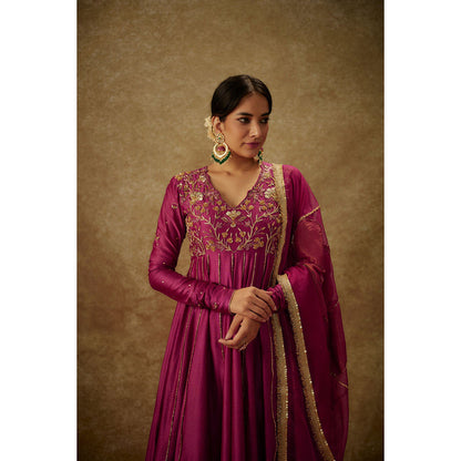 THE AARYA Gul Magenta Embroidered Anarkali Kurta with Palazzo and Dupatta (Set of 3)