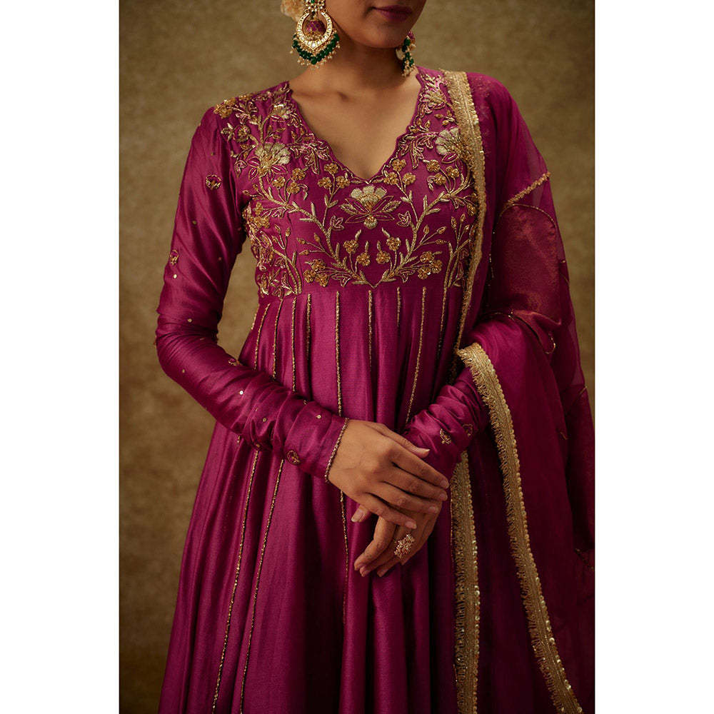 THE AARYA Gul Magenta Embroidered Anarkali Kurta with Palazzo and Dupatta (Set of 3)