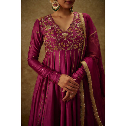 THE AARYA Gul Magenta Embroidered Anarkali Kurta with Palazzo and Dupatta (Set of 3)