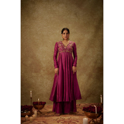 THE AARYA Gul Magenta Embroidered Anarkali Kurta with Palazzo and Dupatta (Set of 3)