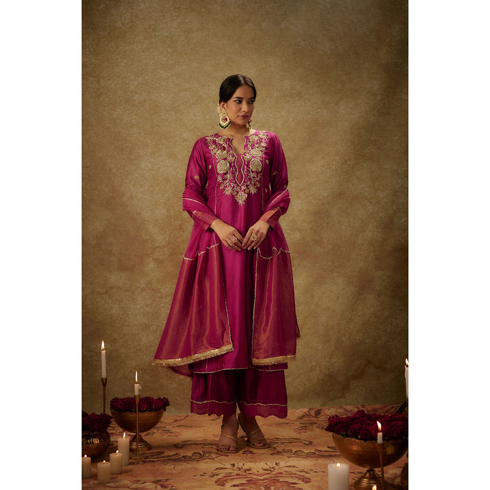 THE AARYA Falak Magenta Embroidered Kurta with Palazzo and Dupatta (Set of 3)