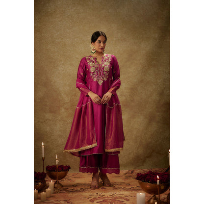 THE AARYA Falak Magenta Embroidered Kurta with Palazzo and Dupatta (Set of 3)