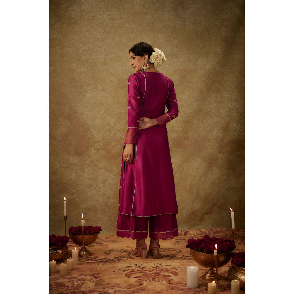 THE AARYA Falak Magenta Embroidered Kurta with Palazzo and Dupatta (Set of 3)