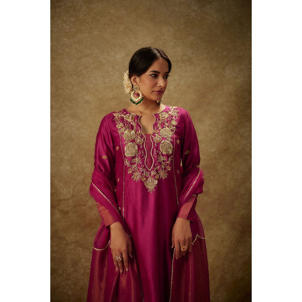 THE AARYA Falak Magenta Embroidered Kurta with Palazzo and Dupatta (Set of 3)