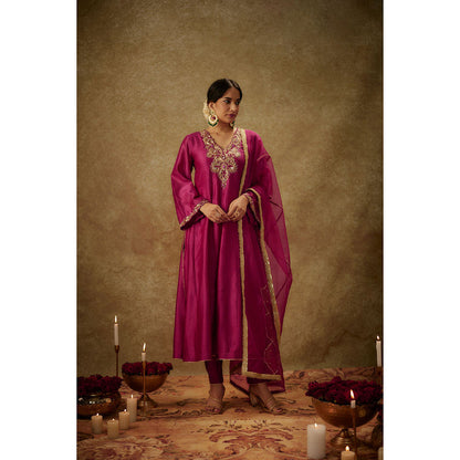THE AARYA Roop Magenta Embroidered Anarkali Kurta with Pant and Dupatta (Set of 3)