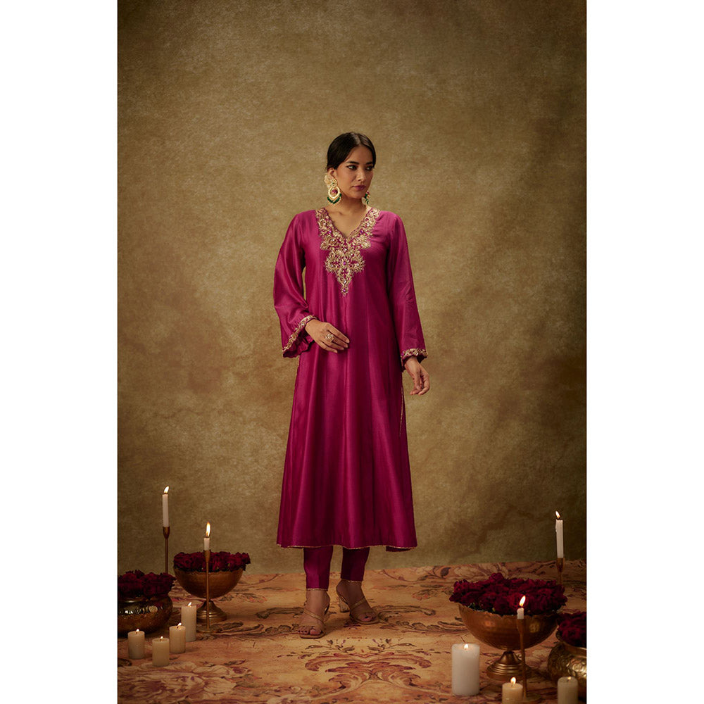 THE AARYA Roop Magenta Embroidered Anarkali Kurta with Pant and Dupatta (Set of 3)