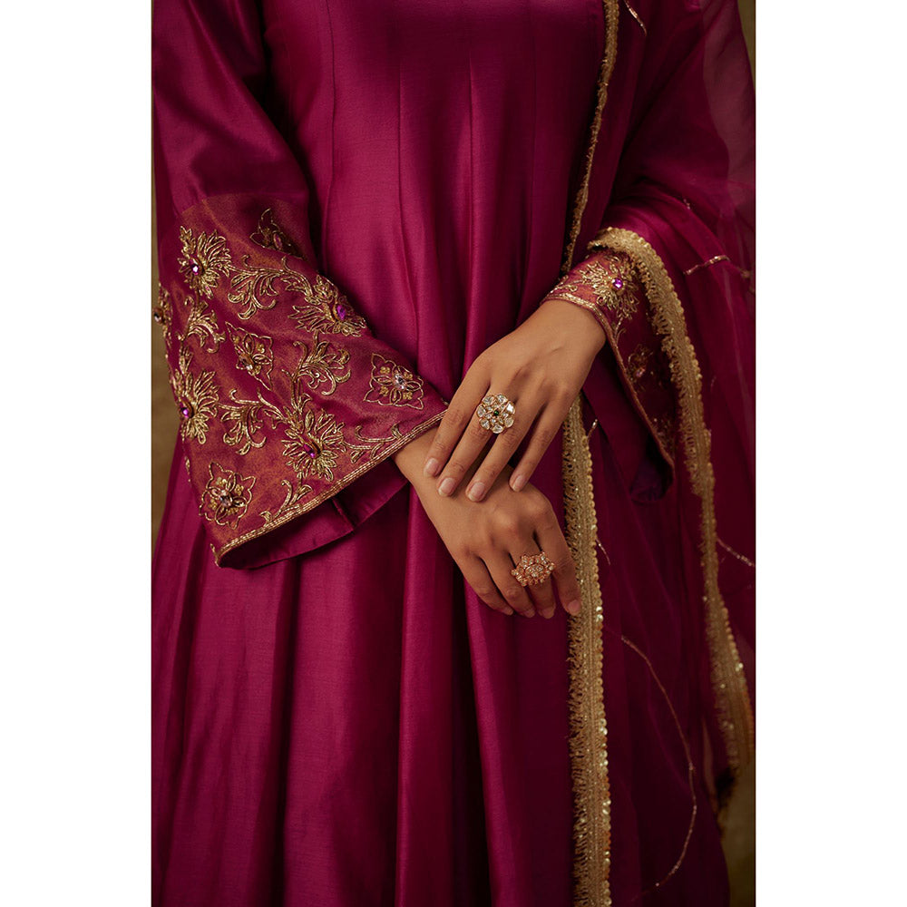 THE AARYA Sahar Magenta Embroidered Anarkali Kurta with Palazzo and Dupatta (Set of 3)
