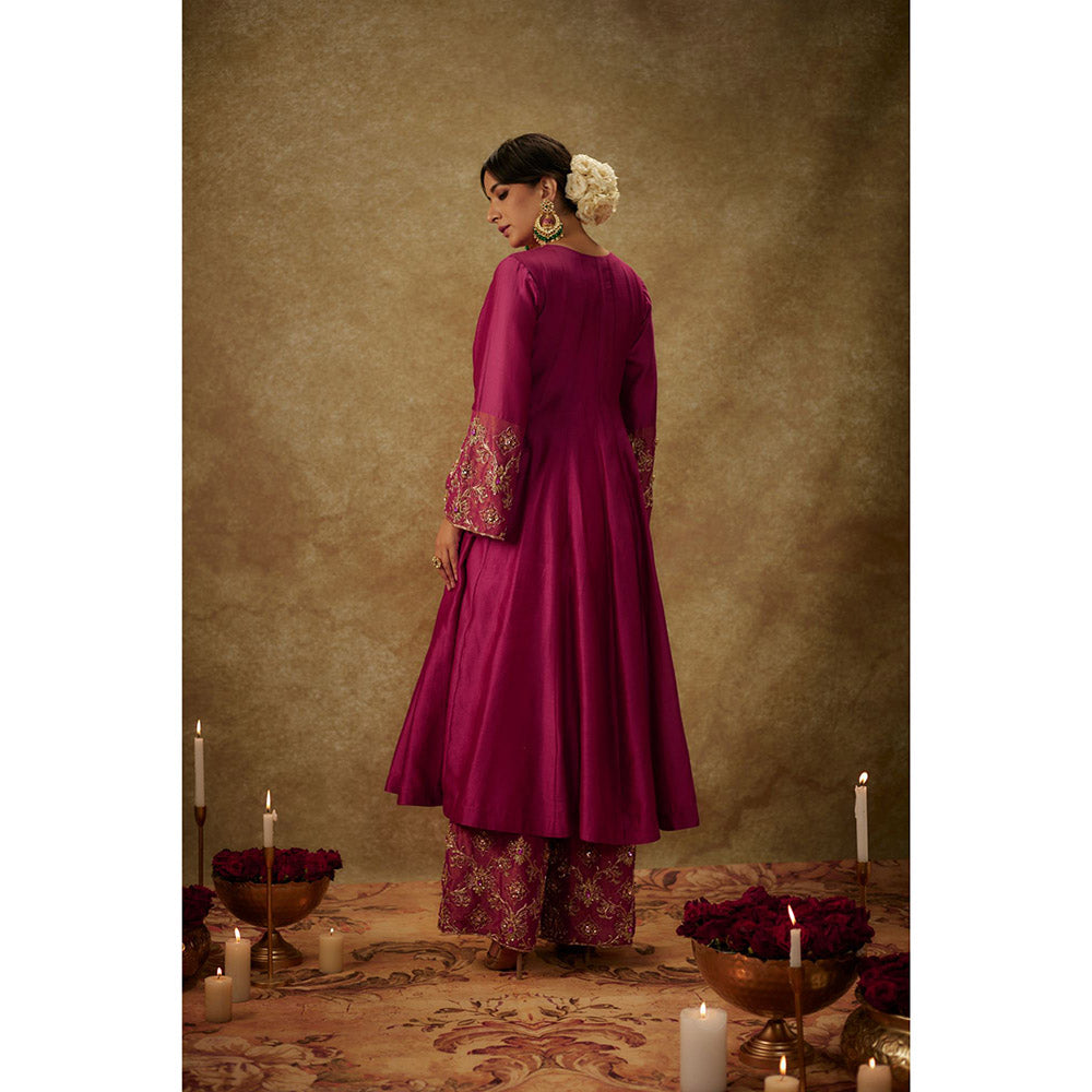 THE AARYA Sahar Magenta Embroidered Anarkali Kurta with Palazzo and Dupatta (Set of 3)