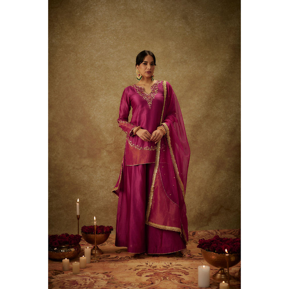 THE AARYA Asmira Magenta Embroidered Kurti with Palazzo and Dupatta (Set of 3)