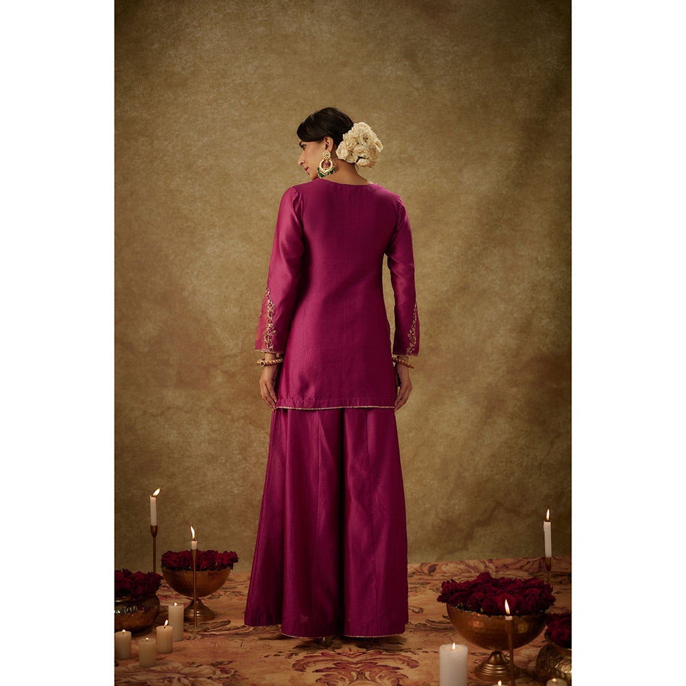 THE AARYA Asmira Magenta Embroidered Kurti with Palazzo and Dupatta (Set of 3)