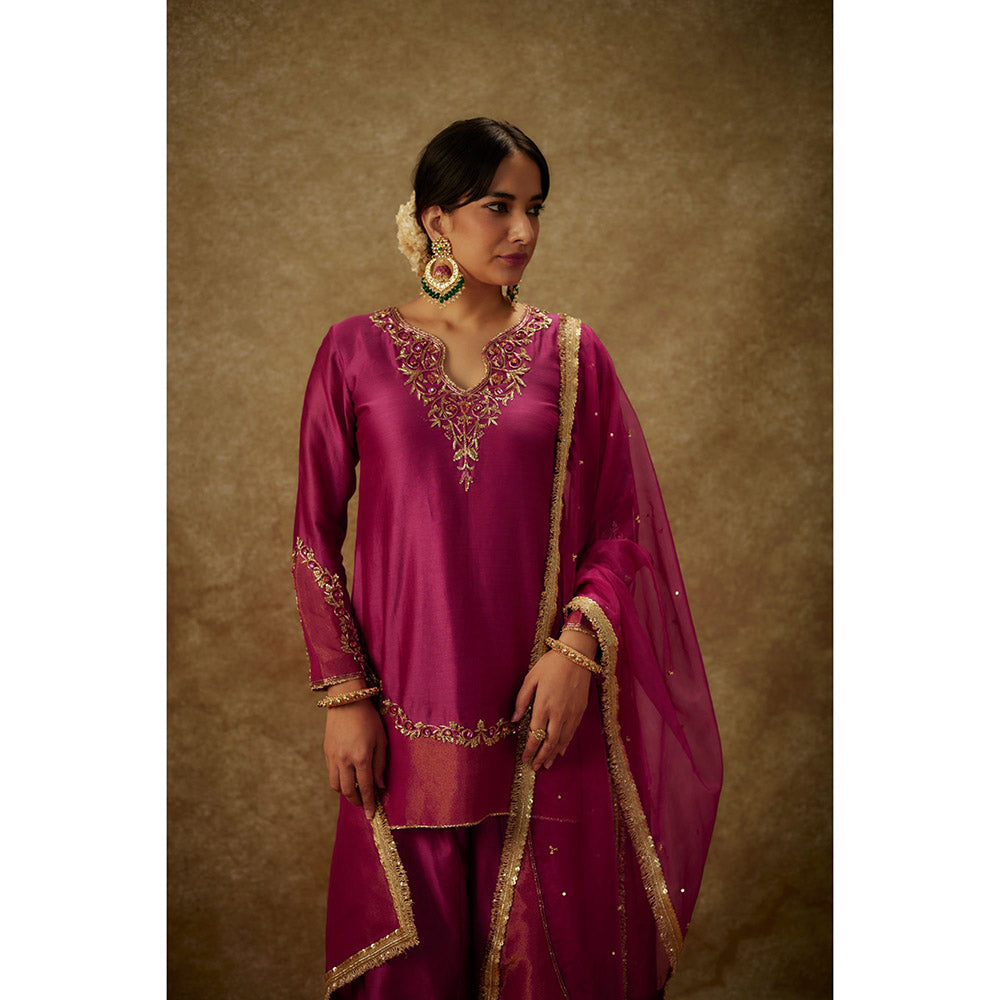 THE AARYA Asmira Magenta Embroidered Kurti with Palazzo and Dupatta (Set of 3)