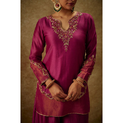 THE AARYA Asmira Magenta Embroidered Kurti with Palazzo and Dupatta (Set of 3)
