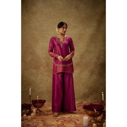 THE AARYA Asmira Magenta Embroidered Kurti with Palazzo and Dupatta (Set of 3)